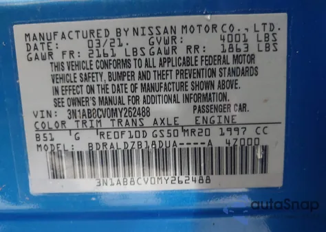 2021 Nissan Sentra Sv Xtronic Cvt z USA, uszkodzony, nr VIN 3N1AB8CV0MY262488